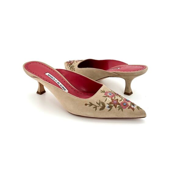 Manolo Blahnik Ornella Floral Embroidered Suede Slip On Kitten Heel Mules 38 - Picture 4 of 10